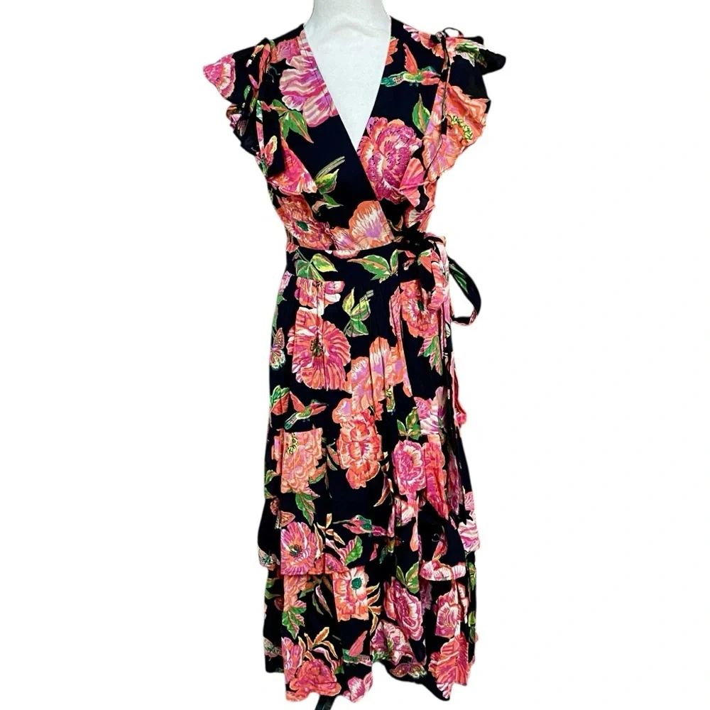 Banjanan Designer Carra Eliza’s Rose Garden Black Wrap Maxi Dress S - Picture 4 of 14